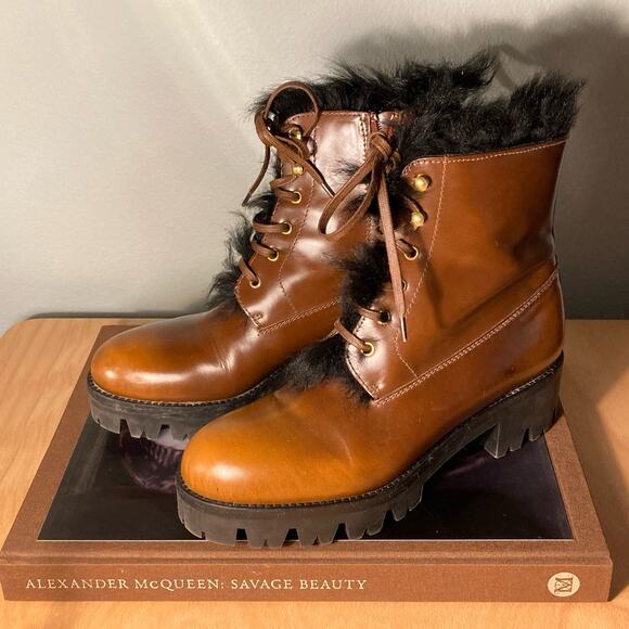 Prada Tobacco Burnished Leather Fur Combat Boot Orig $1400 Sz 38 / 7.5 8~ Mint - Picture 1 of 12